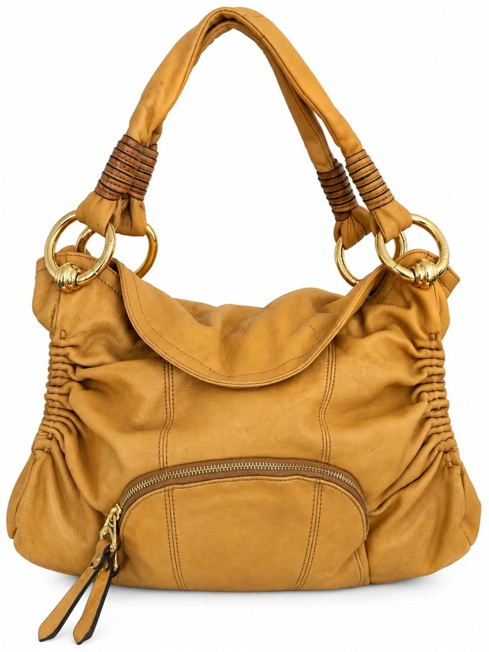 B. Makowsky Yellow Leather Hobo Shoulder Bag Gold Hardware